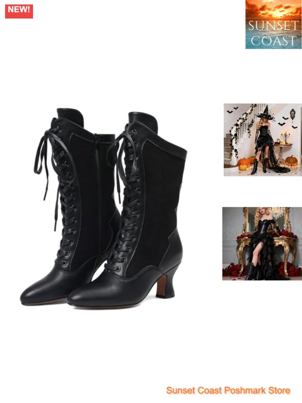Victorian Lace Up Mid Calf Boots Suede PU 2.7" Flare Heel